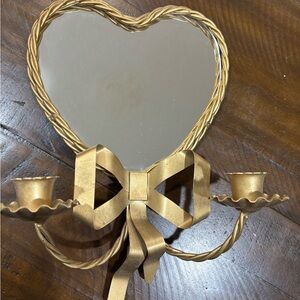 Gold Heart Mirror Wall Sconce with Bow and Candle Holders Grandma Core